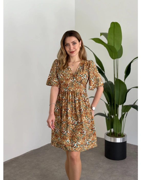 Önü Drapeli Kolları Volanli Pamuklu Viskon Kumaş Elbise Sarı