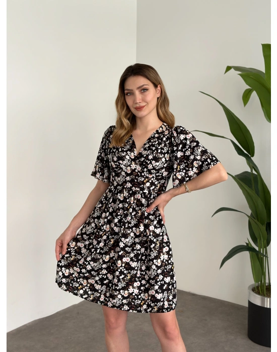 Önü Drapeli Kolları Volanli Pamuklu Viskon Kumaş Elbise Siyah