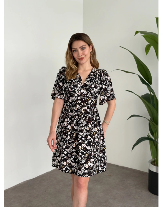 Önü Drapeli Kolları Volanli Pamuklu Viskon Kumaş Elbise Siyah