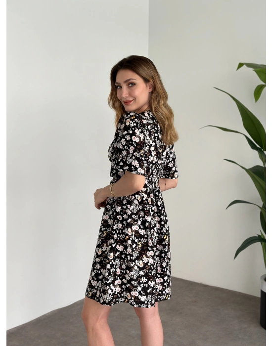 Önü Drapeli Kolları Volanli Pamuklu Viskon Kumaş Elbise Siyah