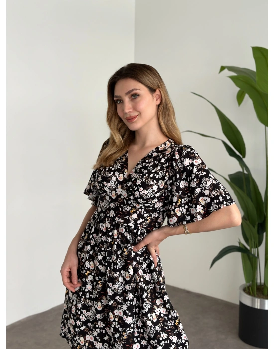 Önü Drapeli Kolları Volanli Pamuklu Viskon Kumaş Elbise Siyah