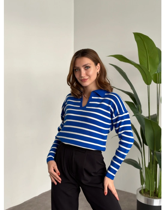 Polo Yaka Çizgili Triko Mavi