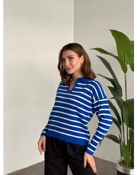 Polo Yaka Çizgili Triko Mavi