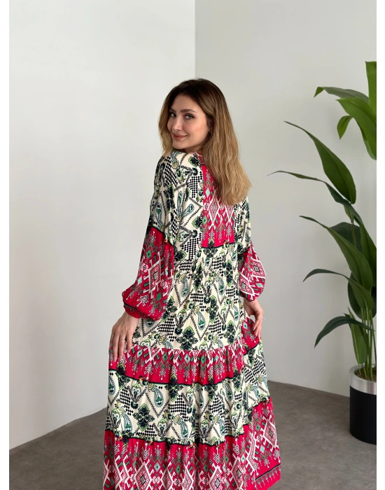 Uzun Boy Dekolte Bol Kesim Pamuklu Viskon Elbise Fusya Motifli