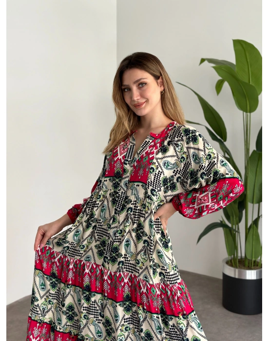 Uzun Boy Dekolte Bol Kesim Pamuklu Viskon Elbise Fusya Motifli