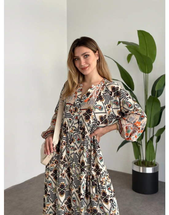 Uzun Boy Dekolte Bol Kesim Pamuklu Viskon Elbise Krem Turuncu