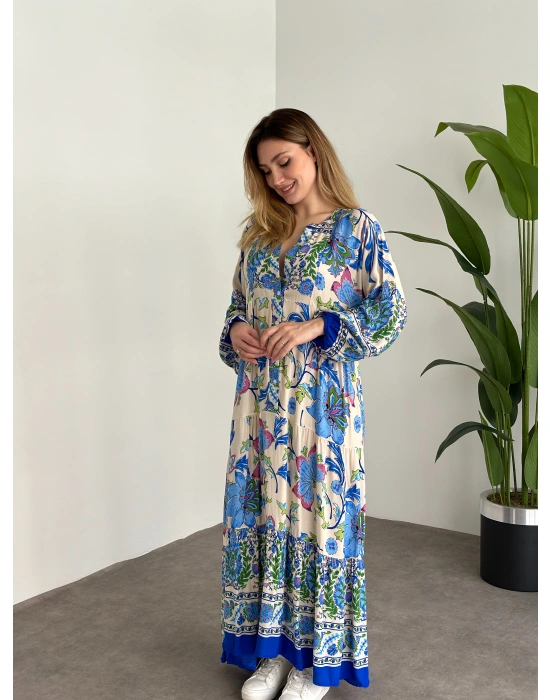 Uzun Boy Dekolte Bol Kesim Pamuklu Viskon Elbise Mavi Krem