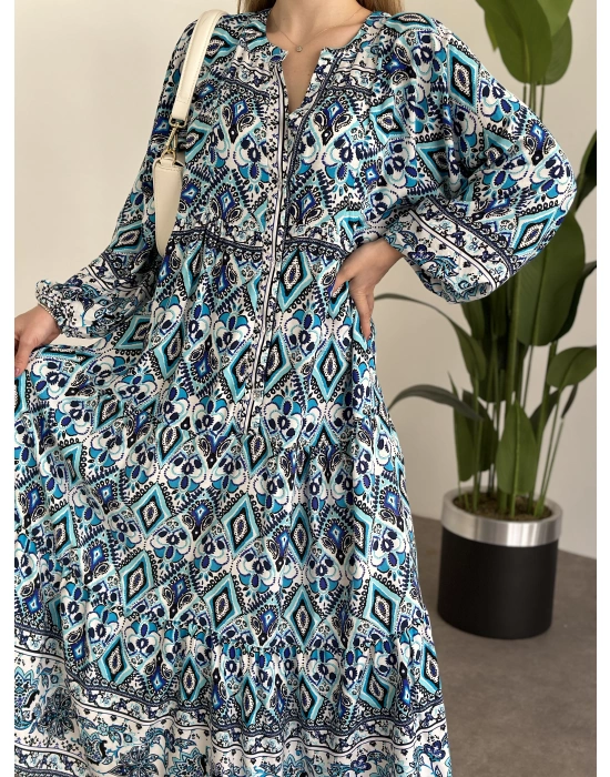 Uzun Boy Dekolte Bol Kesim Pamuklu Viskon Elbise Turkuaz