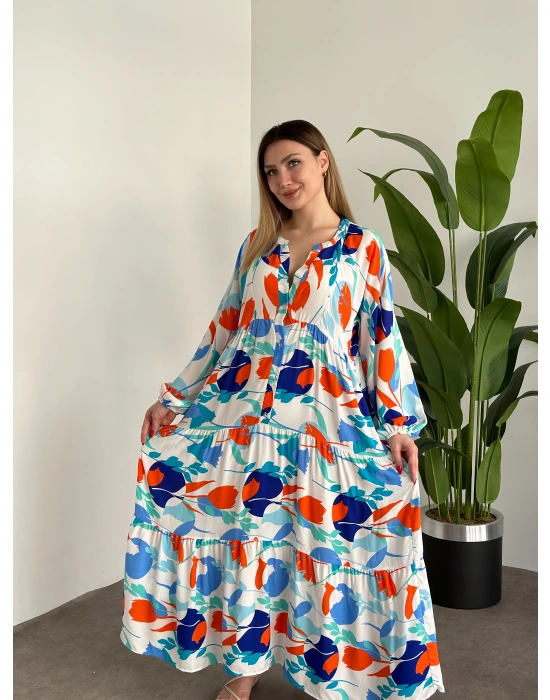 Uzun Boy Dekolte Bol Kesim Pamuklu Viskon Elbise Turuncu Mavili desenli