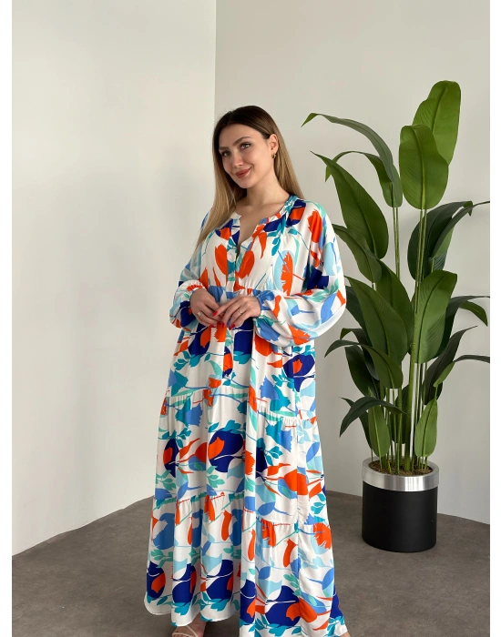 Uzun Boy Dekolte Bol Kesim Pamuklu Viskon Elbise Turuncu Mavili desenli