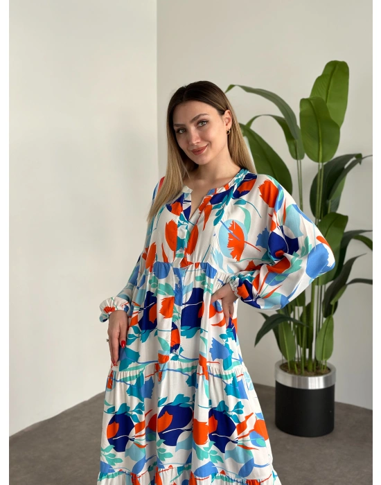 Uzun Boy Dekolte Bol Kesim Pamuklu Viskon Elbise Turuncu Mavili desenli