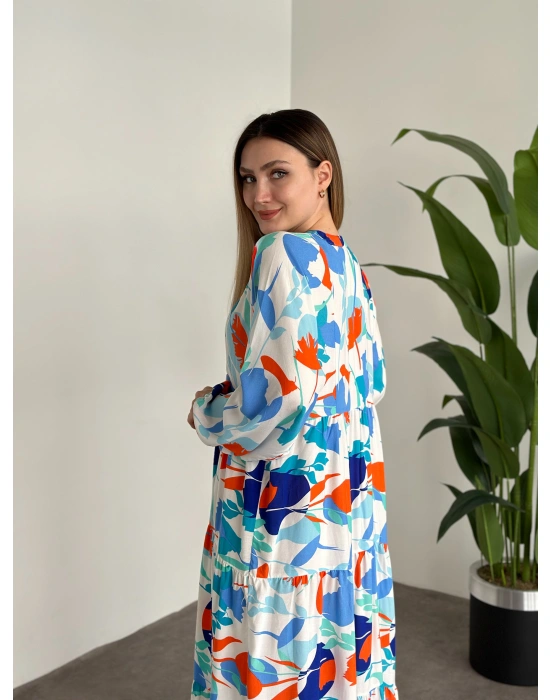 Uzun Boy Dekolte Bol Kesim Pamuklu Viskon Elbise Turuncu Mavili desenli