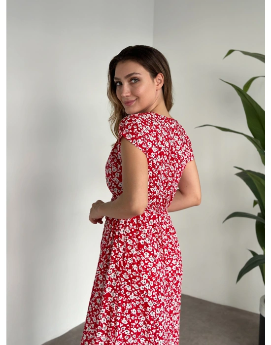 V Yaka beli lastikli Çiçekli Elbise kırmızı