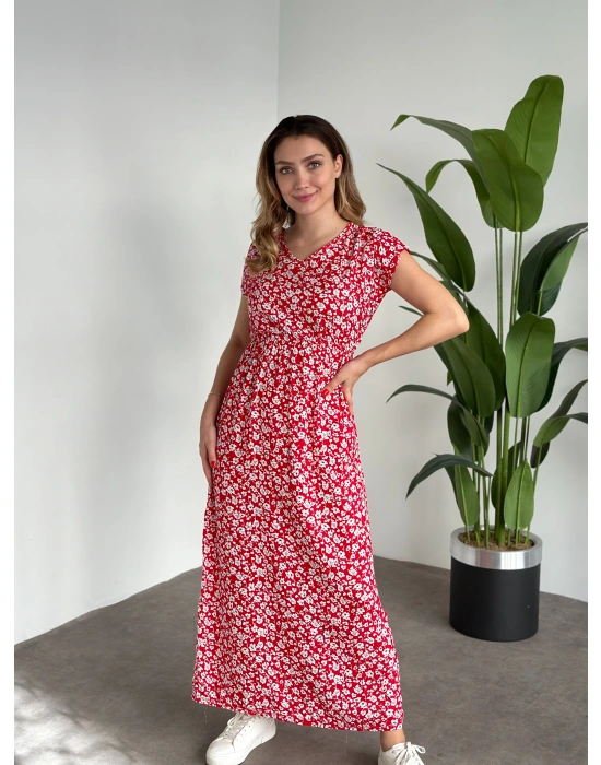 V Yaka beli lastikli Çiçekli Elbise kırmızı