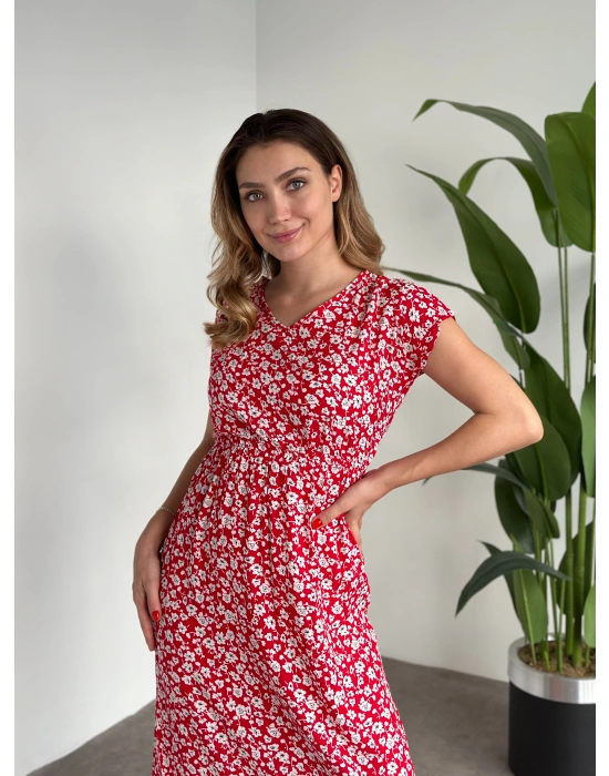 V Yaka beli lastikli Çiçekli Elbise kırmızı