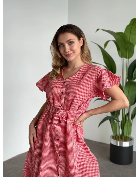 v yaka düğmeli gofre kumaş kırmızı elbise