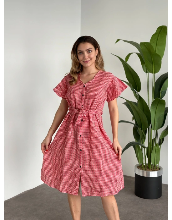 v yaka düğmeli gofre kumaş kırmızı elbise