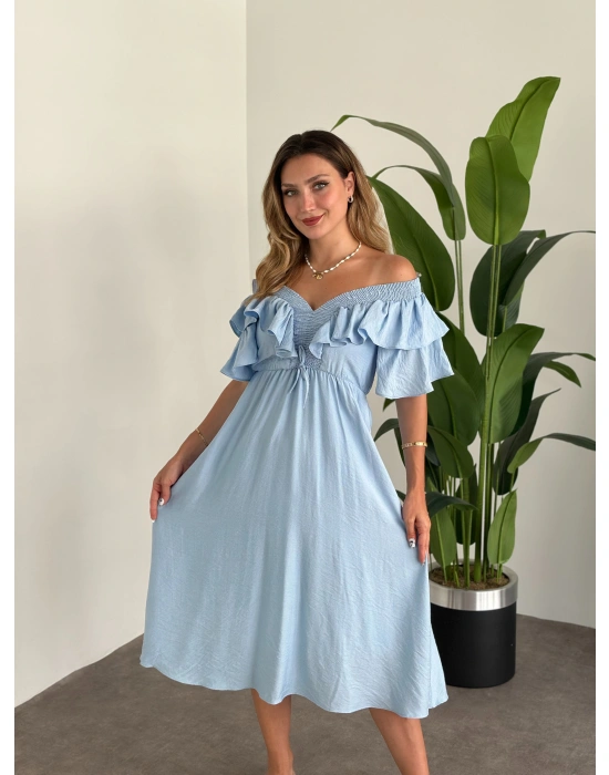 Yakası Gipe Ve Volanlı Astarlı Elbise Mavi