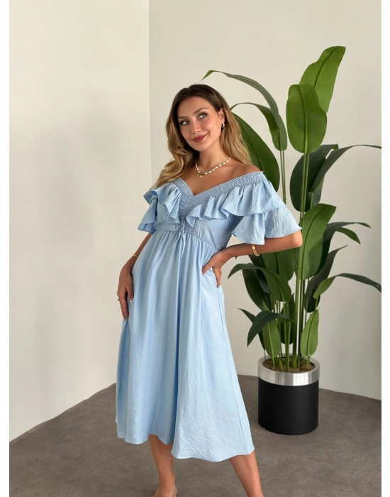 Yakası Gipe Ve Volanlı Astarlı Elbise Mavi