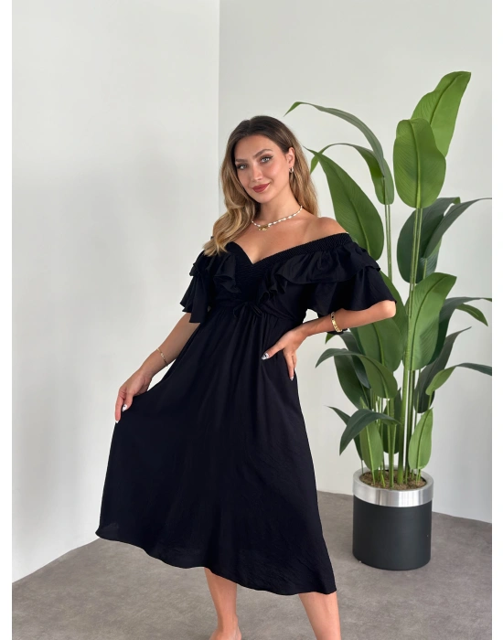 Yakası Gipe Ve Volanlı Astarlı Elbise Siyah