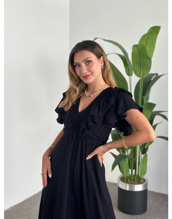 Yakası Gipe Ve Volanlı Astarlı Elbise Siyah