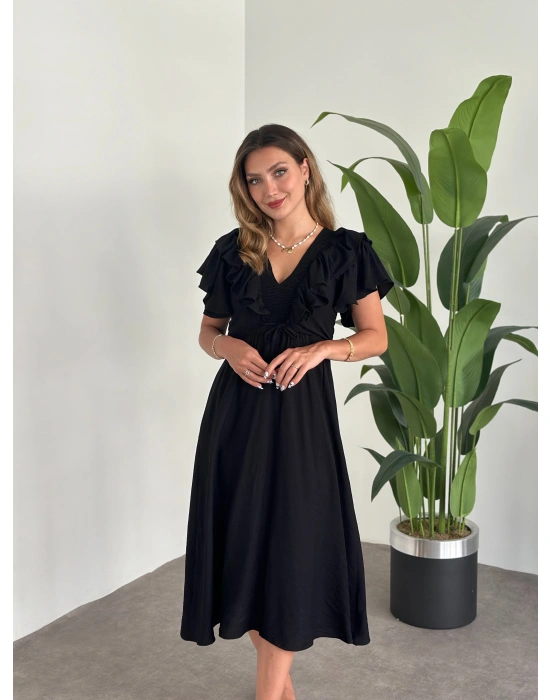 Yakası Gipe Ve Volanlı Astarlı Elbise Siyah