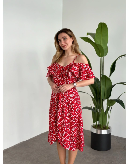 Yırtmaçlı Yakası İki Şekilde Kullanılabilir Pamuklu Viskon Elbise Kırmızı Beyaz Çiçekli