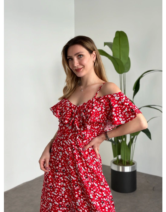 Yırtmaçlı Yakası İki Şekilde Kullanılabilir Pamuklu Viskon Elbise Kırmızı Beyaz Çiçekli