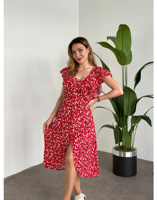 Yırtmaçlı Yakası İki Şekilde Kullanılabilir Pamuklu Viskon Elbise Kırmızı Beyaz Çiçekli