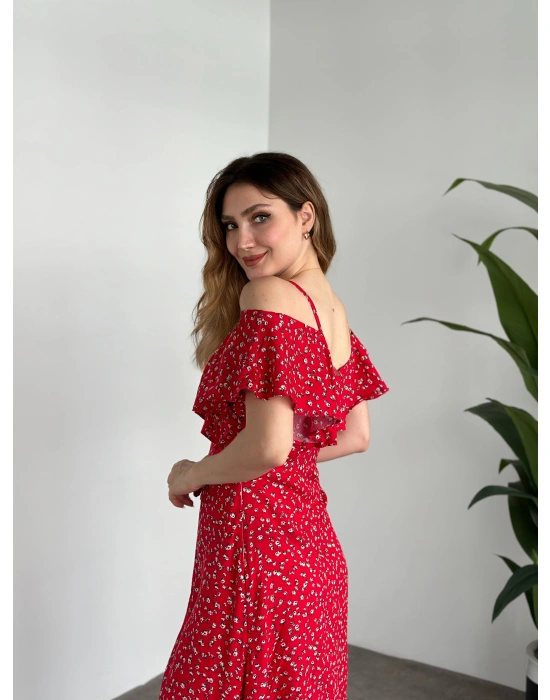 Yırtmaçlı Yakası İki Şekilde Kullanılabilir Pamuklu Viskon Elbise Kırmızı