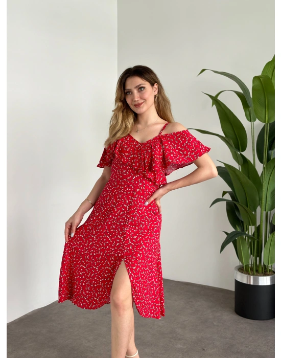 Yırtmaçlı Yakası İki Şekilde Kullanılabilir Pamuklu Viskon Elbise Kırmızı