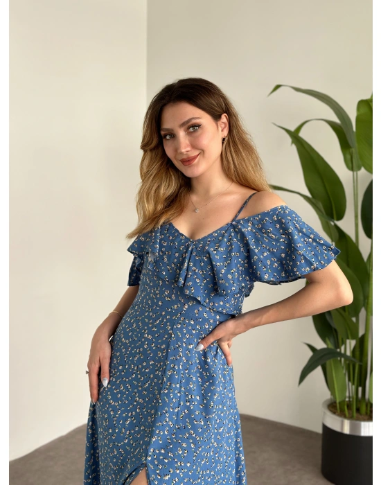 Yırtmaçlı Yakası İki Şekilde Kullanılabilir Pamuklu Viskon Elbise Mavi Küçük Beyaz Çiçekli