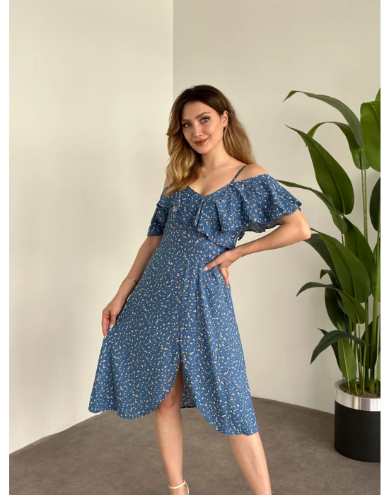 Yırtmaçlı Yakası İki Şekilde Kullanılabilir Pamuklu Viskon Elbise Mavi Küçük Beyaz Çiçekli