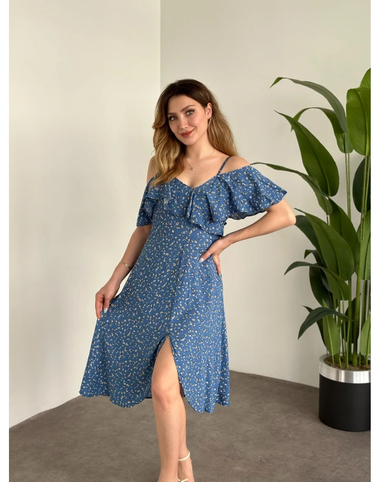 Yırtmaçlı Yakası İki Şekilde Kullanılabilir Pamuklu Viskon Elbise Mavi Küçük Beyaz Çiçekli