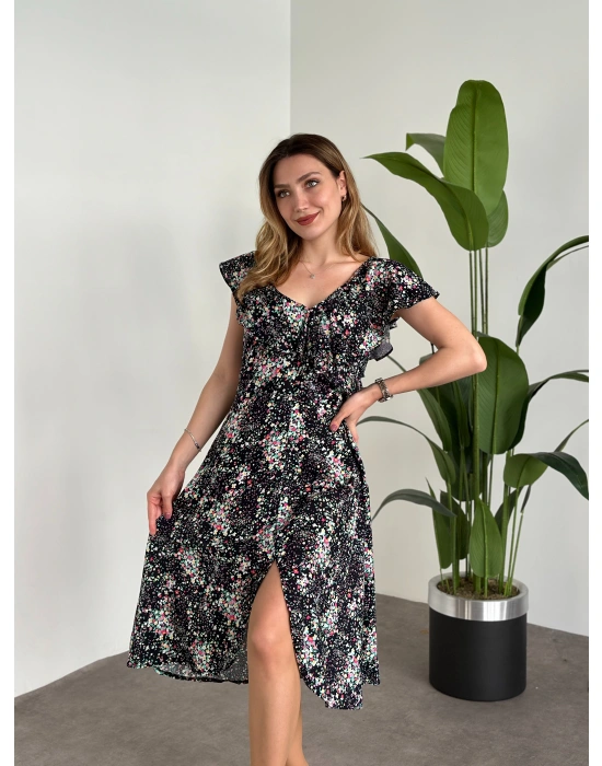 Yırtmaçlı Yakası İki Şekilde Kullanılabilir Pamuklu Viskon Elbise Siyah