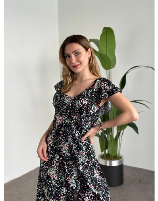 Yırtmaçlı Yakası İki Şekilde Kullanılabilir Pamuklu Viskon Elbise Siyah