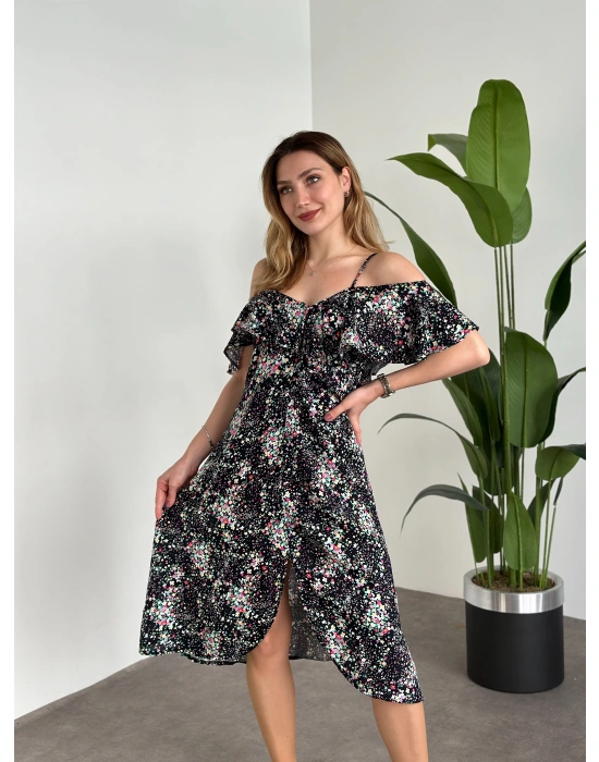 Yırtmaçlı Yakası İki Şekilde Kullanılabilir Pamuklu Viskon Elbise Siyah