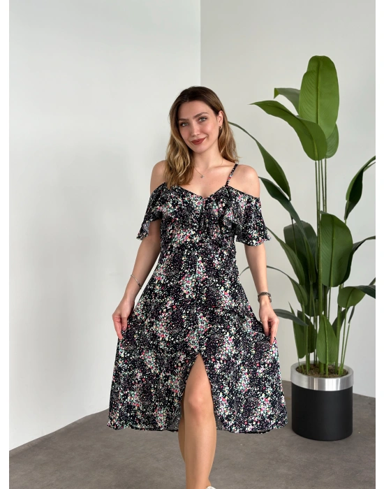 Yırtmaçlı Yakası İki Şekilde Kullanılabilir Pamuklu Viskon Elbise Siyah