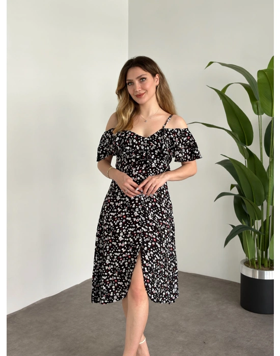 Yırtmaçlı Yakası İki Şekilde Kullanılabilir Pamuklu Viskon Elbise Siyah Beyaz