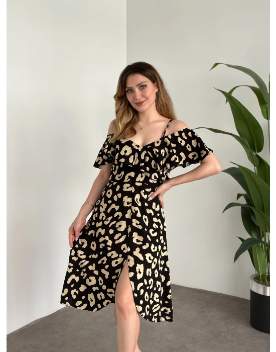 Yırtmaçlı Yakası İki Şekilde Kullanılabilir Pamuklu Viskon Elbise Siyah Yuvarlak Desenli