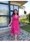 Dekolteli Dantel Detay Elbise-Fusya
