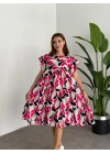 Bol Kesim Poplin Kumaş Mini Elbise Fuşya Beyaz Desenli
