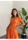karpuz kol düğmeli v yaka nokta desenli Elbise Turuncu