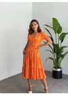 karpuz kol düğmeli v yaka nokta desenli Elbise Turuncu