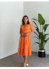 karpuz kol düğmeli v yaka nokta desenli Elbise Turuncu