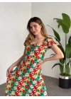 Karpuz Kol Önden Bağcıklı Pamuklu Viskon Elbise Yeşil Kırmızı Çiçekli