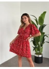 Önü Drapeli Kolları Volanli Pamuklu Viskon Kumaş Elbise Kırmızı Çiçekli