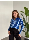 Polo Yaka Çizgili Triko Mavi