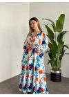 Uzun Boy Dekolte Bol Kesim Pamuklu Viskon Elbise Turuncu Mavili desenli