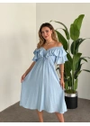 Yakası Gipe Ve Volanlı Astarlı Elbise Mavi